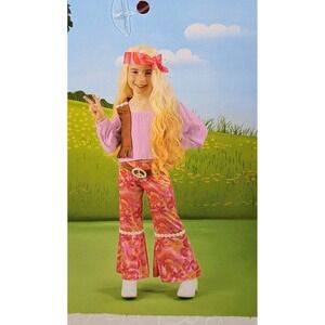 Dream Play Imagine Hippie Costume Set - Vest, Shirt, Pants, Pink Wig, Peace Sign